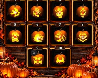 May include: A digital collection of ten printable pumpkin carving stencils featuring various character designs. The image displays a wooden sign labeled PRINTABLE CARVING STENCIL BUNDLE with ten numbered squares, each showing a glowing jack-o'-lantern.