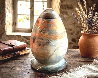 Kintsugi Ceramic Urn |  Handmade Rustic Cremation Urn | Saggar Fired Pot Home Decor