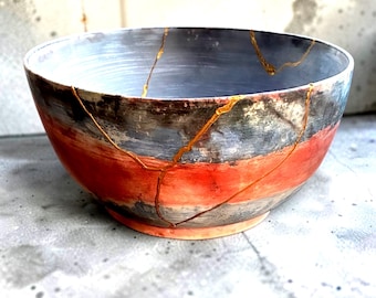 Kintsugi Ceramic Bowl | Handmade Smoked Pottery, Rustic Centerpiece