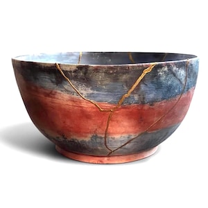 Kintsugi Ceramic Bowl | Handmade Smoked Pottery, Rustic Centerpiece