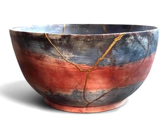 Tigela de cerâmica Kintsugi | Cerâmica defumada artesanal, peça central rústica