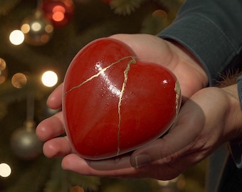 Decoración de corazón Kintsugi rojo, regalo de amor de cerámica hecho a mano