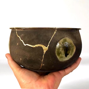 Handmade Raku Kintsugi Bowl| Rustic Housewarming Gift |One Of a Kind Pit Fired Pottery |Unusual Ceramic Smoke Fired Bowl