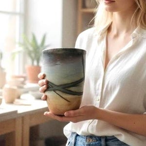 Może przedstawiać: Zestaw trzech ceramicznych kubków z nakrapianym, matowym wykończeniem. Kubki są w odcieniach kremu, jasnoszarym i ciemnoszarym. Każdy kubek ma prosty, minimalistyczny design i zaokrąglony uchwyt.