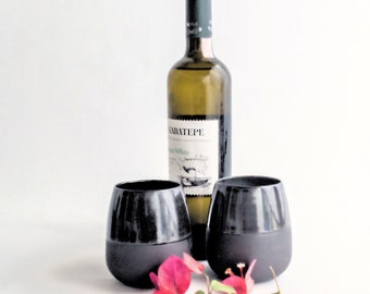 Set Of Two Black Ceramic Wine Goblet Stemless Large Pint Beer Glass 14 Fl Oz Ceramic Tumbler Minimalist Cup Pottery Lovers Wedding Gift