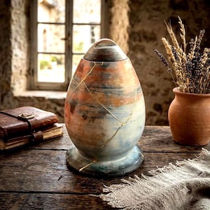 May include: An egg-shaped ceramic vessel featuring a multi-colored surface with swirls of orange, blue, and grey, accented by thin, branching gold-colored lines that traverse the exterior, resting on a circular base with a matching pointed lid.