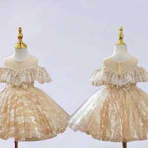 Champagne Lace a line Flower Girl Dress, short Flower Girl Dresses, Boho Dress, Bohemian Wedding Dress,wedding  Flower Girl