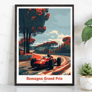 May include: A vintage poster featuring a red race car speeding around a track lined with trees. The poster has a blue sky with white clouds and the text "Romagna Grand Prix 1964".