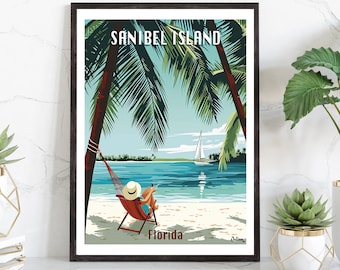 May include: A vintage travel poster design featuring a palm tree, a beach, and a person relaxing in a hammock. The poster says "Sanibel Island, Florida".