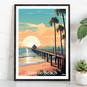 Póster mate de Venice Beach, Florida, impresión de arte de pared costera, decoración de viaje al golfo de México, fotografía de paisajes naturales, obra de arte del muelle al atardecer