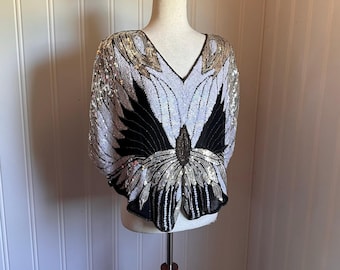 Vintage 70s Disco Silk Beaded Sequin Butterfly Top OS
