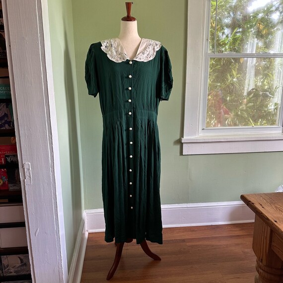 Vintage 90s Cottagecore Collared Green Maxi Dress… - image 3