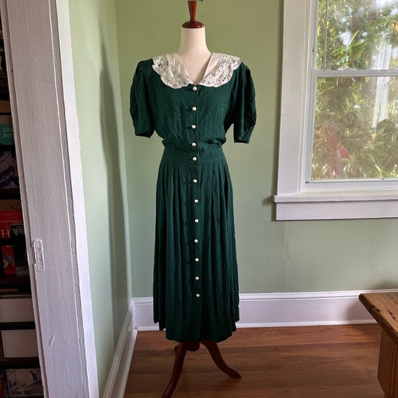 Vintage 90s Cottagecore Collared Green Maxi Dress… - image 1