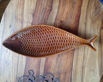 STIG LINDBERG Mid Century Stoneware “Fladen” Brown Fish Dish, Gustavsberg, 1958