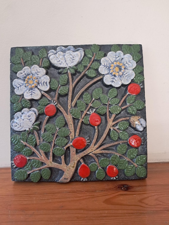Lisa Larson for Gustavsberg Vintage Wall Plaque With Rosehips