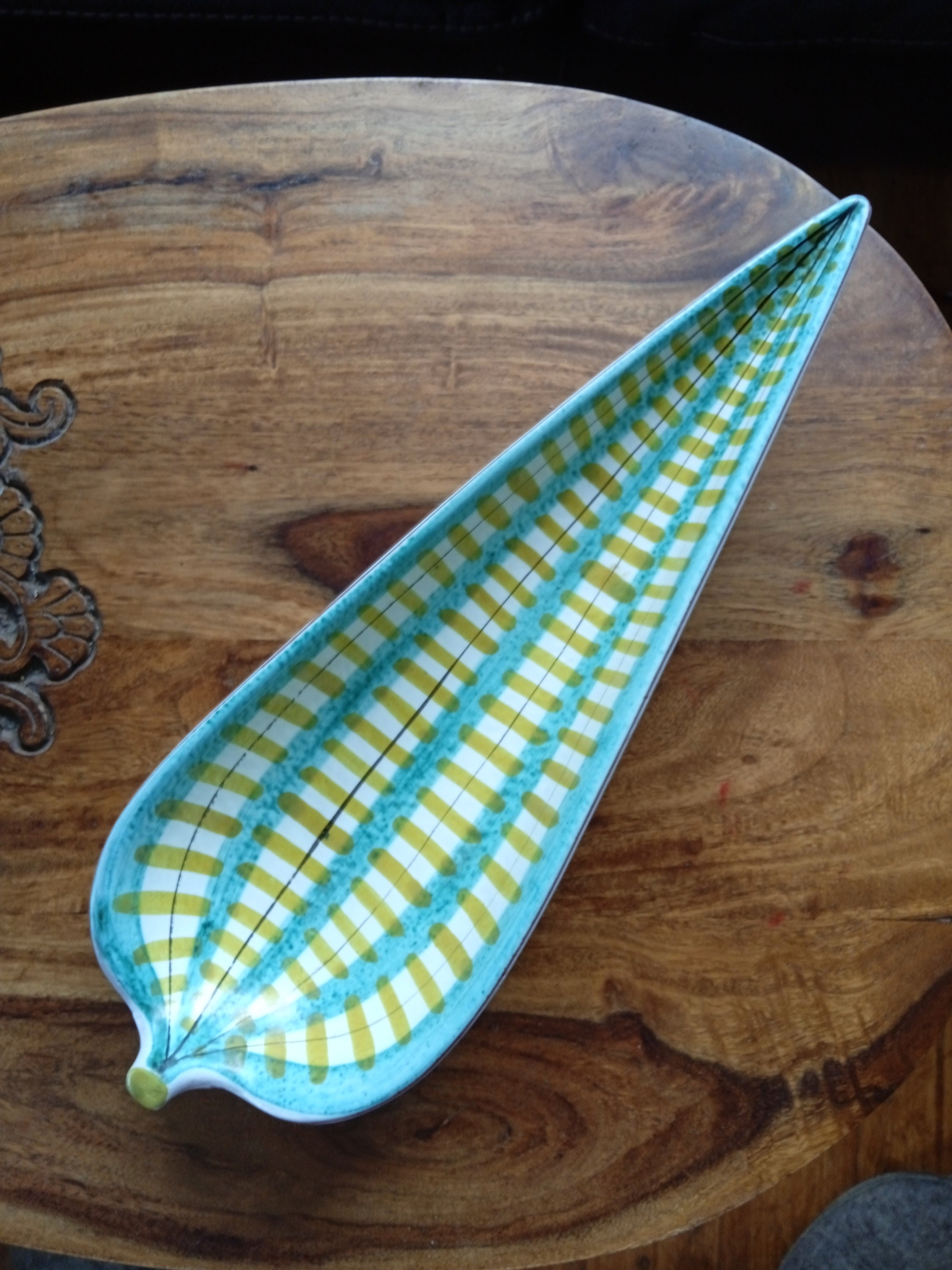Stig Lindberg Vintage Leaf Shaped Serving Dish - Green and Yellow