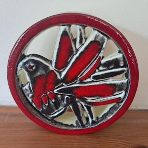 Lisa Larson for Gustavsberg Vintage Red, Black and White Ceramic Art with a Bird Motif, Swedish Wall Art