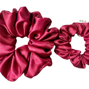 Ruby Red Silk Satin Scrunchies Bundle - Small & Large Hair Bands Set, Premium Elastic Accessories for Women
