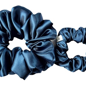 Blue Silk Satin Scrunchies - Small & Large Set | Luxurious Hair Ties | Soft Elastic Hair Bands | Gentle Hair Care Accessories for Women