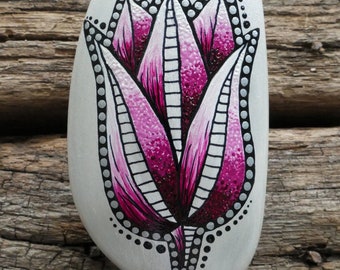 Mandala Stone Rock - Flower Tulip - Hand Made - Hand Painted - Metallic Shiny - Gift - Birthday - Mothers Day - Friend - Wedding - Memorial