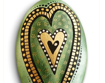 Hand Painted Heart Stone - Rock - Hand Made - Dot Paint - Metallic - Shiny - Gift - Birthday - Mother - Friend - Love - Wedding - Memorial