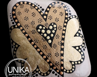 Hand Painted Stone "Golden Heart Wings" - Metallic - Shiny - Gift - Abstract - Birthday - Mother - Friend - Memorial