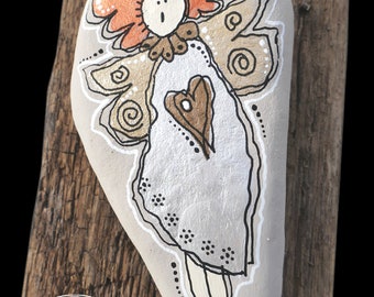 Hand Painted Stone "Surprised Angel - Metallic - Shiny - Gold - Gift - Abstract - Birthday - Mother - Friend - Love - Christmas - Religious