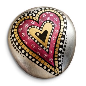 Hand Painted Heart Stone - Rock - Hand Made - Dot Paint - Metallic - Shiny - Gift - Birthday - Mother - Friend - Love - Wedding - Memorial