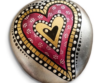 Hand Painted Heart Stone - Rock - Hand Made - Dot Paint - Metallic - Shiny - Gift - Birthday - Mother - Friend - Love - Wedding - Memorial