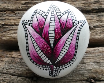 Mandala Stone Rock - Flower Tulip - Hand Made - Hand Painted - Metallic Shiny - Gift - Birthday - Mothers Day - Friend - Wedding - Memorial