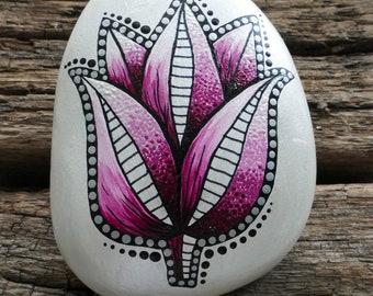 Mandala Stone - Rock - Flower - Tulip - Hand Made - Hand Painted - Metallic - Shiny - Gift - Birthday - Mothers Day - Friend - Wedding