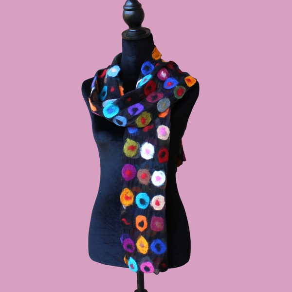 Multicolor Polka Dot Wet Felt Scarf. Merino Wool & Silk, Light weight handmade Nuno felted Shawl. Perfect for all season. Best gift for her.