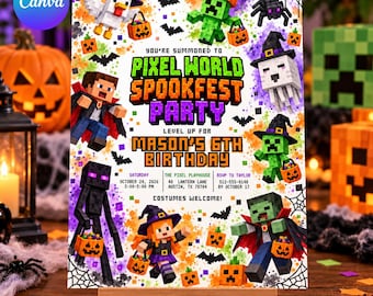 Pixel Halloween Birthday Invitation: Editable Canva Template, Spookfest Block Game, Ghost, Pumpkin, Party Invite