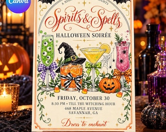 Halloween Cocktail Party Invitation: Editable Canva Template, Spirits & Spells, Spooky Vintage-Style Soirée Invite