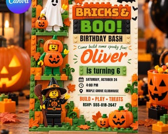 Halloween Building Block Birthday Party Invitation: Editable Canva Template, Bricks & Boo, Ghost, Pumpkin, Invite