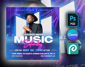 Club flyer Party DIY Editable Flyer Template For Photoshop, Canva & PhotoPea. DJ Night Party Flyer for Facebook, Instagram and Social Media