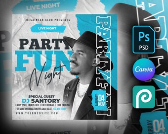 Club flyer Party DIY Editable Flyer Template For Photoshop, Canva & PhotoPea. DJ Night Party Flyer for Facebook, Instagram and Social Media