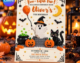 Building Block Halloween Birthday Party Invitation: Editable Canva Template, Ghost, Black Cat, Spooky Invite