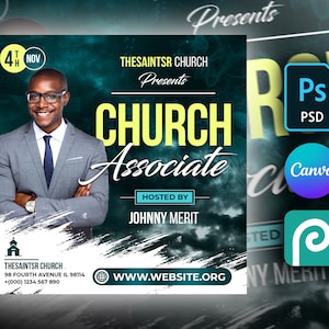 May include: A flyer for a church associate event, featuring a man in a suit and tie, with the text "Church Associate" in large yellow letters. The flyer is set against a dark green and black background with a cloudy design. The event is hosted by Johnny Merit and will take place on November 4th. The flyer also includes the church's website and contact information.