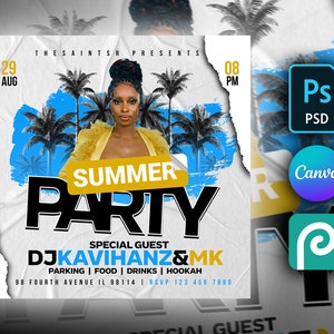 Summer Party Flyer DIY Editable Template For Photoshop, Canva & PhotoPea. Summer Beach Club Flyer for Facebook, Instagram and social media