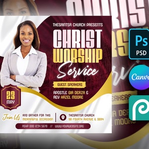 May include: A flyer for a Christ Worship Service on May 23rd, featuring a woman in a suit and the text "The Saintsa Church Presents Christ Worship Service". The flyer also includes the names of the guest speakers, Apostle Gia Derza and Rev Hazel Moore, and the church's address and RSVP information.