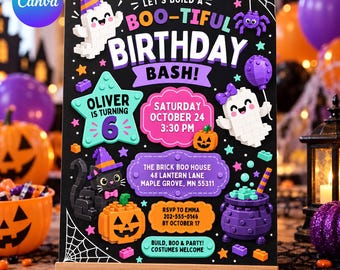 Gruselige Geburtstagseinladung aus Bausteinen: Bearbeitbare Canva-Vorlage, Gruselige Halloween-Party, Geist, Kürbis, Einladung