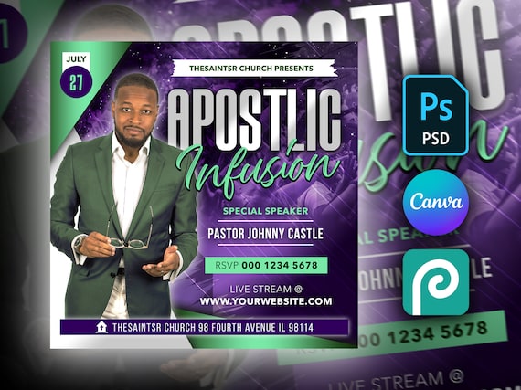 Church Flyer Editable Template for Photoshop, Canva & PhotoPea. DIY Conference Flyer, Church Service Flyer, Poster for Facebook, Instagram