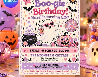 Halloween Disco Birthday Invitation: Editable Canva Template, Spooky Party, Pink Candy, Ghost, Invite
