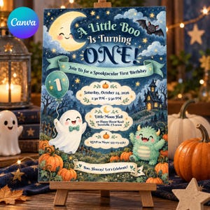 Invitación de primer cumpleaños de Little Boo: Plantilla editable de Canva, Fiesta de Halloween de primer cumpleaños, Calabaza fantasma