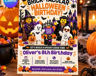 Halloween-Geburtstagseinladung im Baustein-Design: Bearbeitbare Canva-Vorlage, Gruseliges Bausteinschloss, Einladung