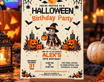 Pixel Jack O Lantern Birthday Invitation: Editable Canva Template, Halloween Skeleton & Pumpkin Party Invite