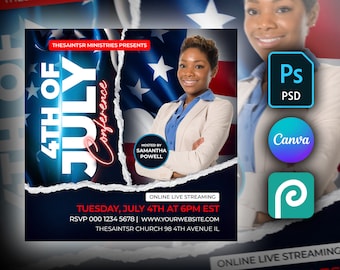 DIY 4th of July Worship Flyer Template Editable in Canva, Photoshop & Photopea. Create an American Independence Day Flyer for Church Event!