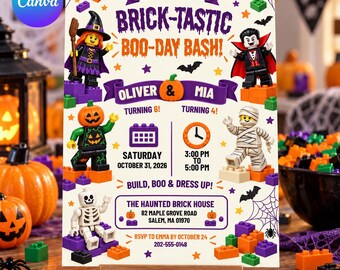 Halloween Building Block Joint Birthday Invitation: Editable Canva Template, Siblings Double Celebration Party Invite