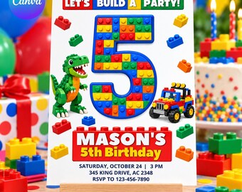 Dinosaur Building Block 5th Birthday Invitation: Editable Canva Template, T-Rex Brick-Style Five, Jeep, Invite
